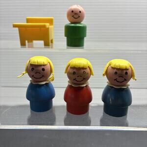 Vintage Fisher Price Wooden Wood Little People Boy Girl School Desk 6 Pieces